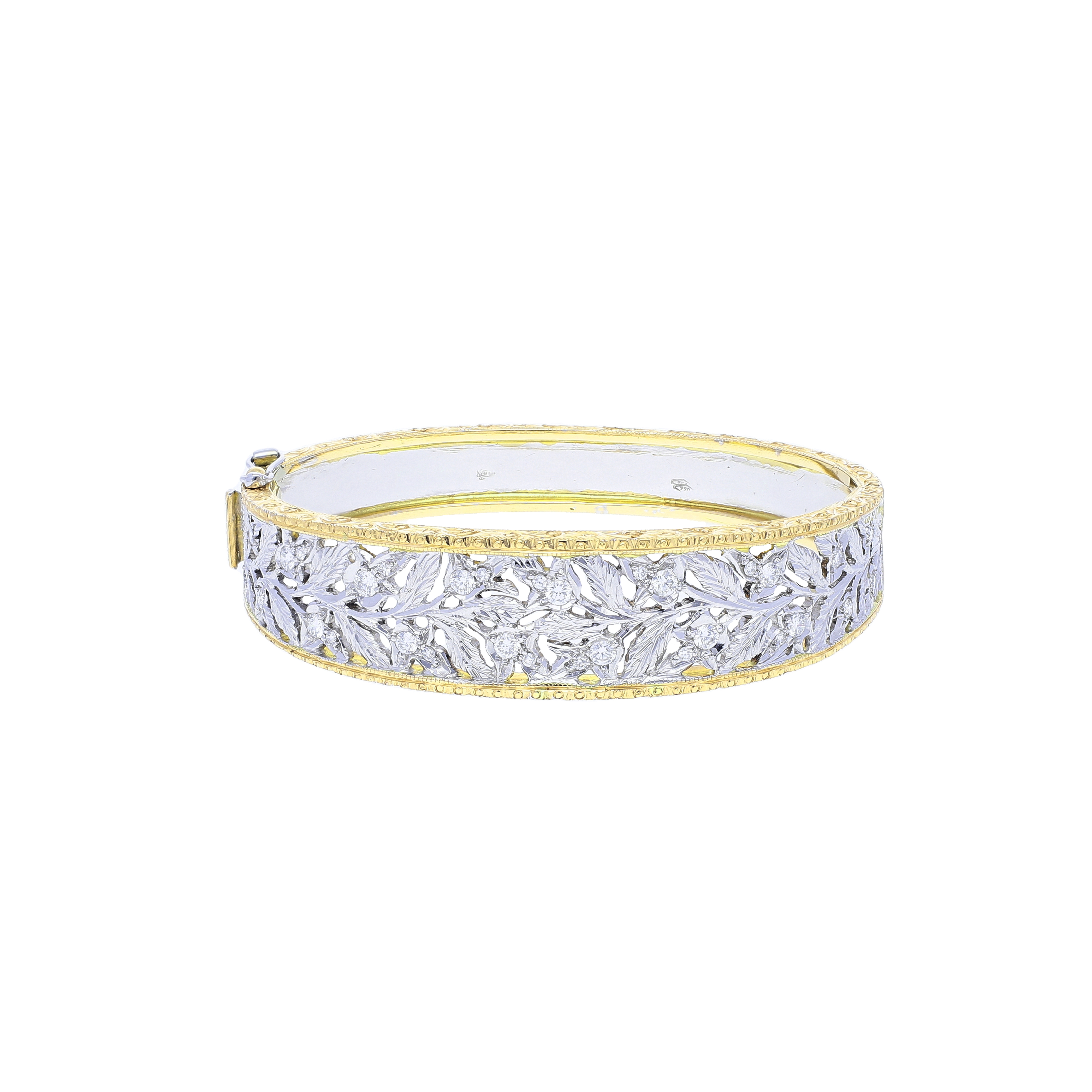 Traditional florentine bangle bracelet in 18kt yellow and white gold with diamonds
