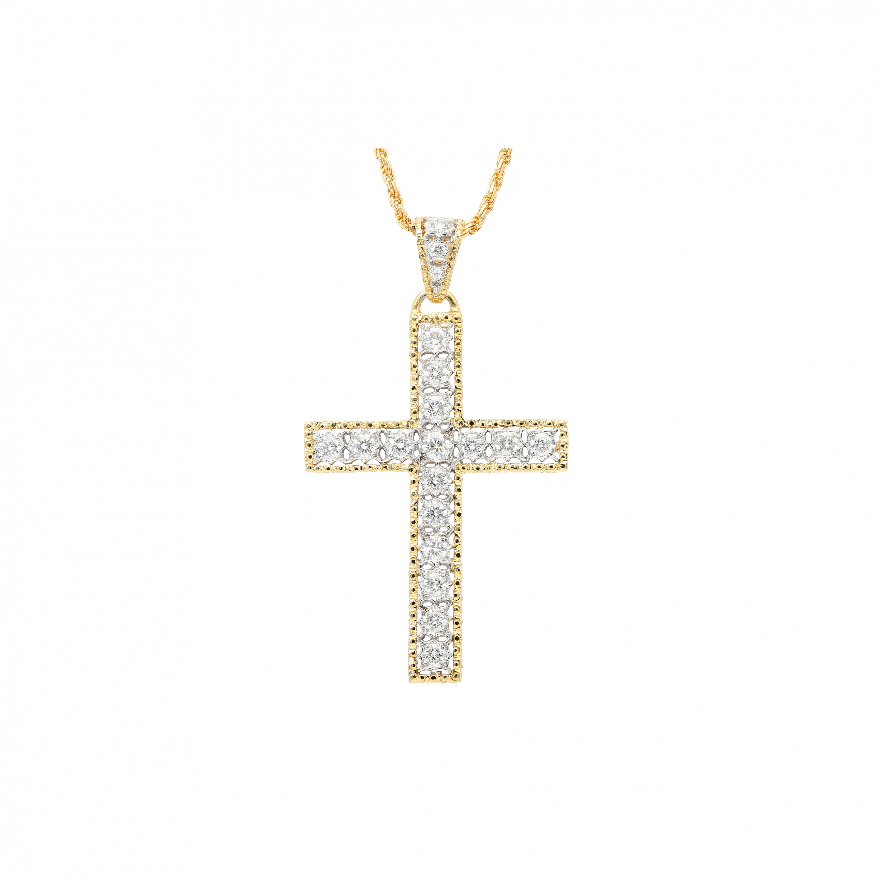 Florentine renaissance inspired cross necklace in 18kt gold and diamonds