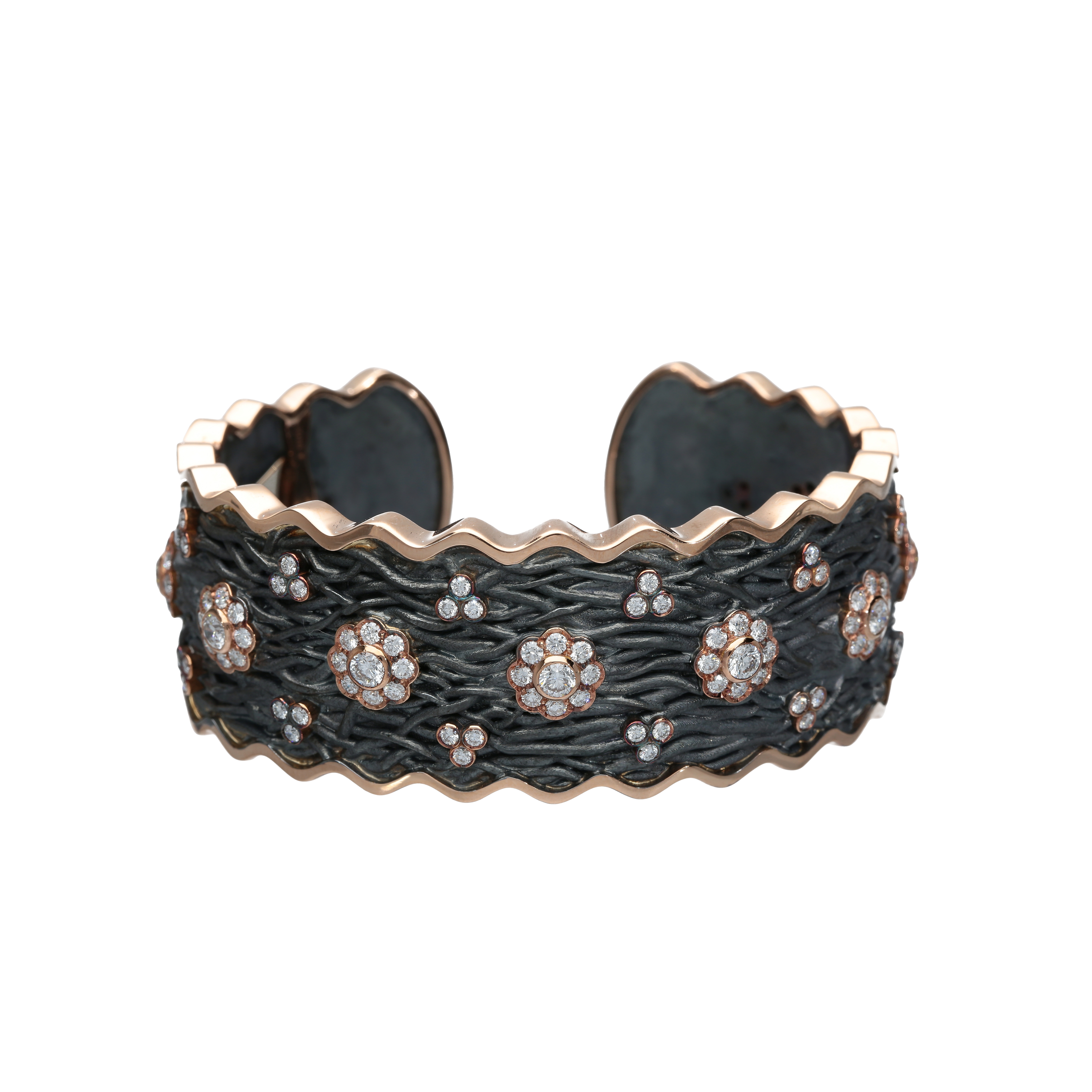 Roots Collection cuff bracelet in rose gold 18kt and silver oxidized with diamonds