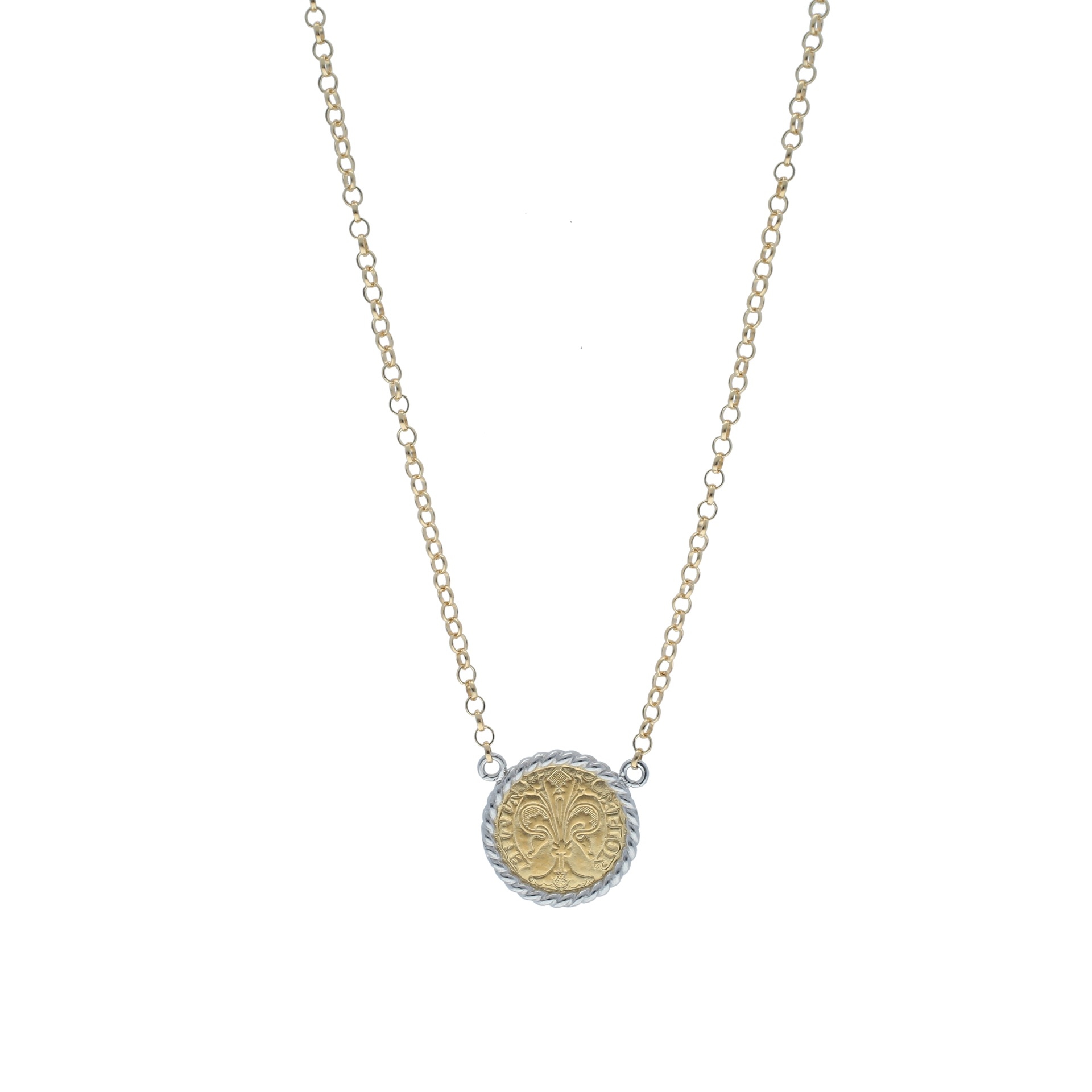 Chain link necklace Florentine coin fiorino in 18kt yellow and white gold