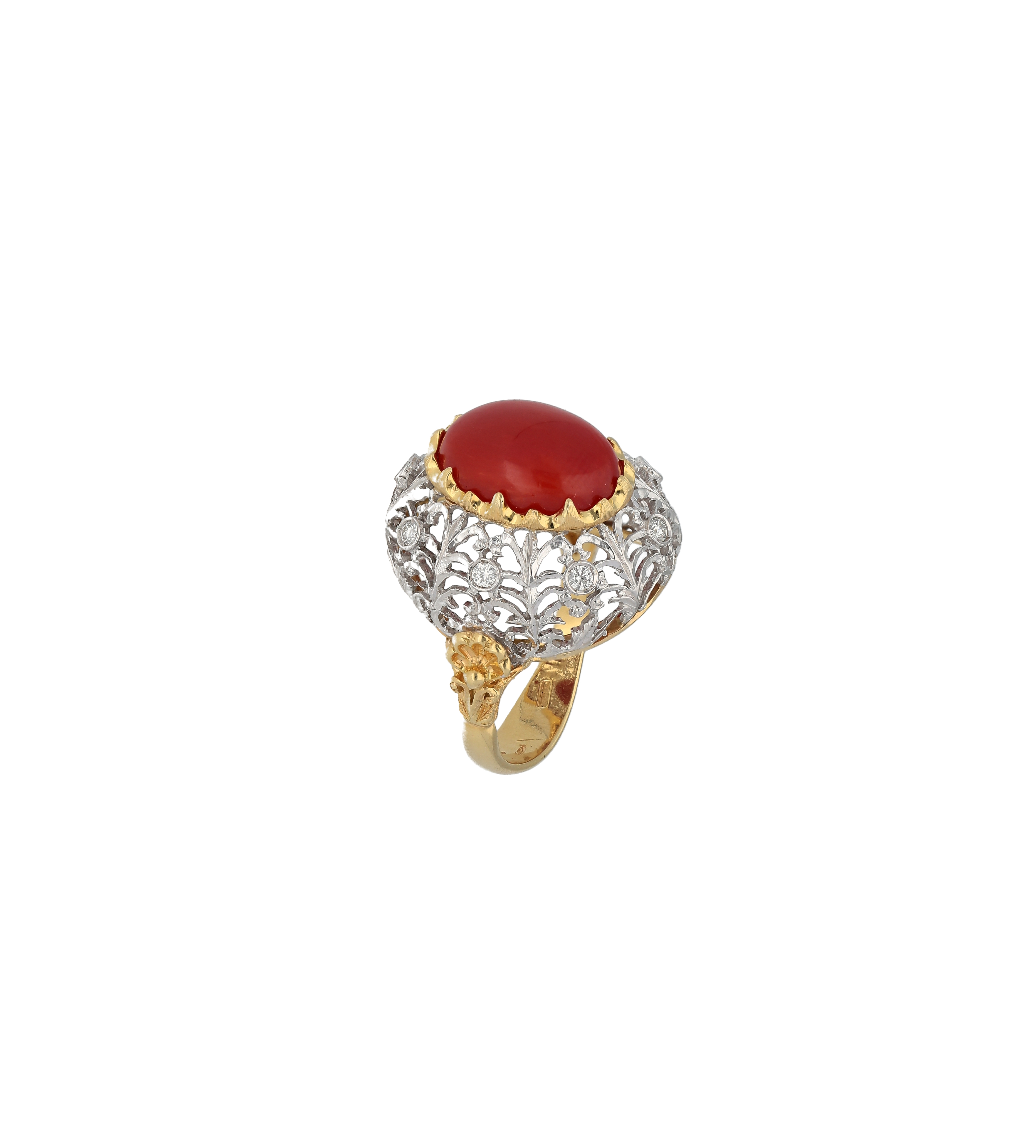 Florentine Cabochon Coral and diamond ring