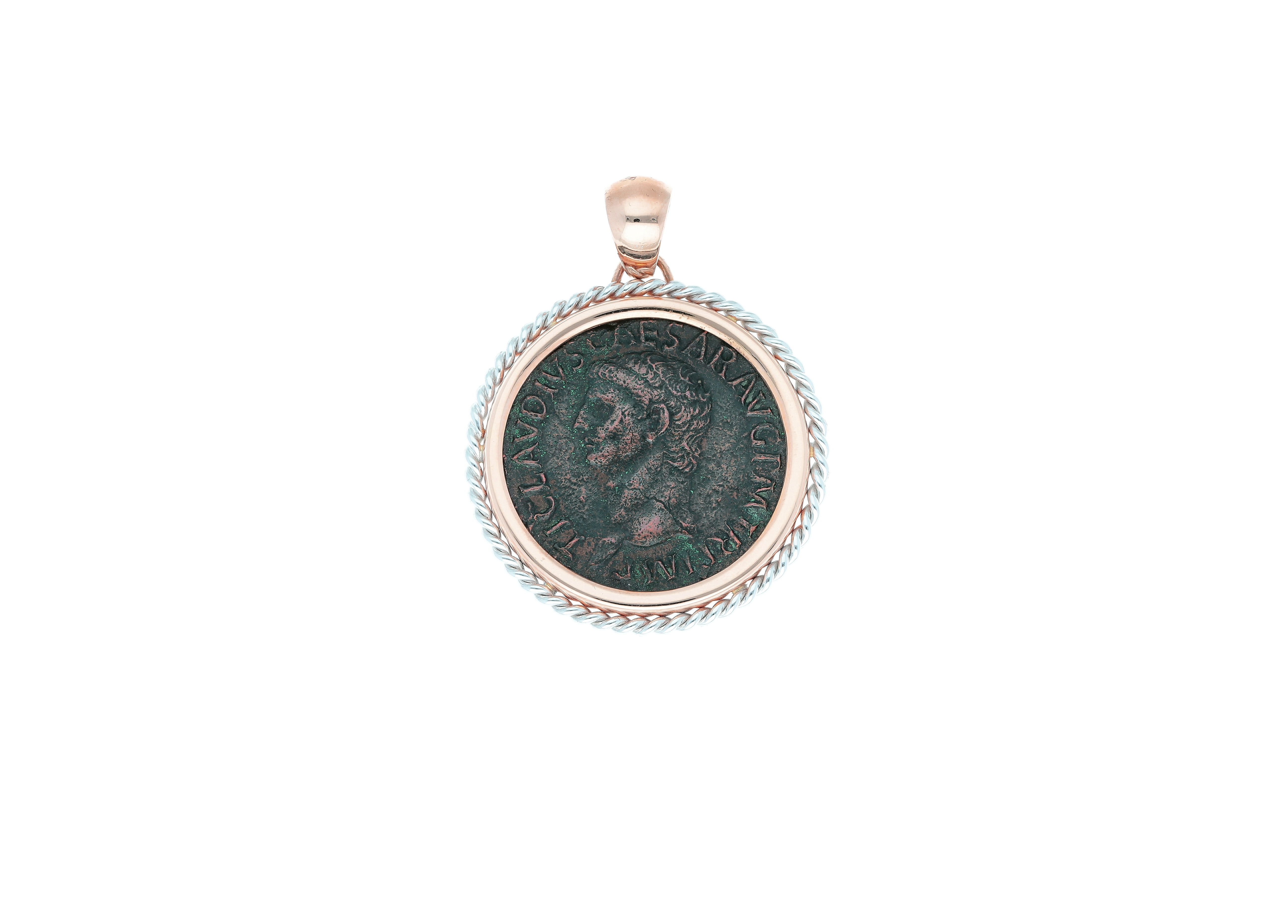 Roman coin Emperor Claudius in rose and white 18kt gold pendant