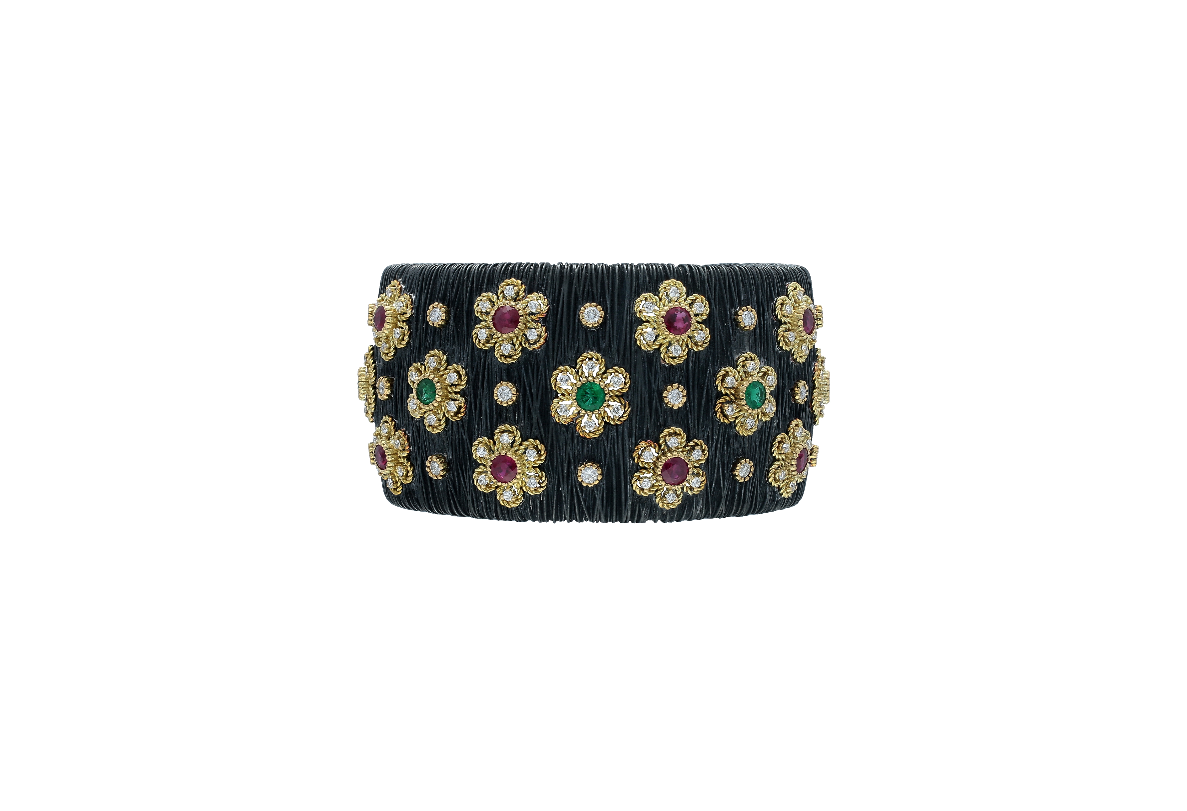 Roots Garden Collection cuff bracelet in yellow gold 18kt and silver oxidized with diamonds, rubies and emeralds