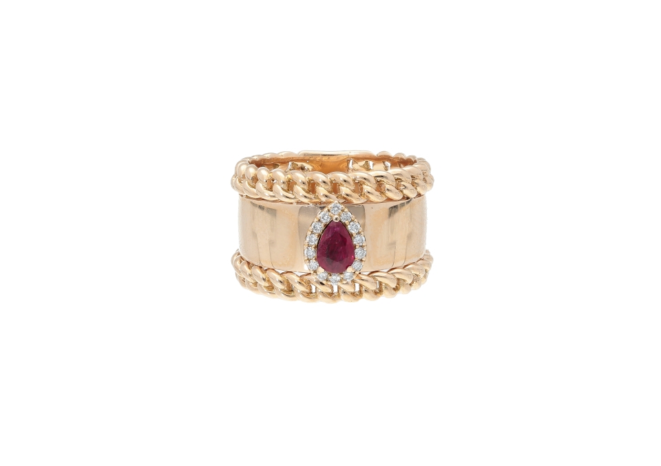 Wide rose gold 18kt ring with ruby and diamonds