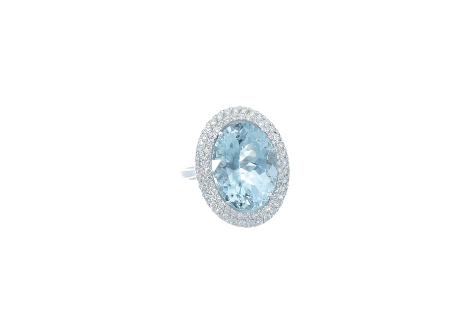 Blue aquamarine ring in 18kt white gold and diamonds